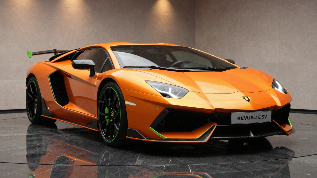 Oranger Lamborghini Revuelto SV Sportwagen mit grünem Akzent und Heckspoiler in Ausstellungshalle.