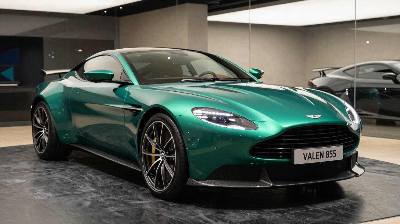 Grüner Aston Martin Sportwagen in Ausstellung mit Scheinwerfern und schwarzem Innenraum.