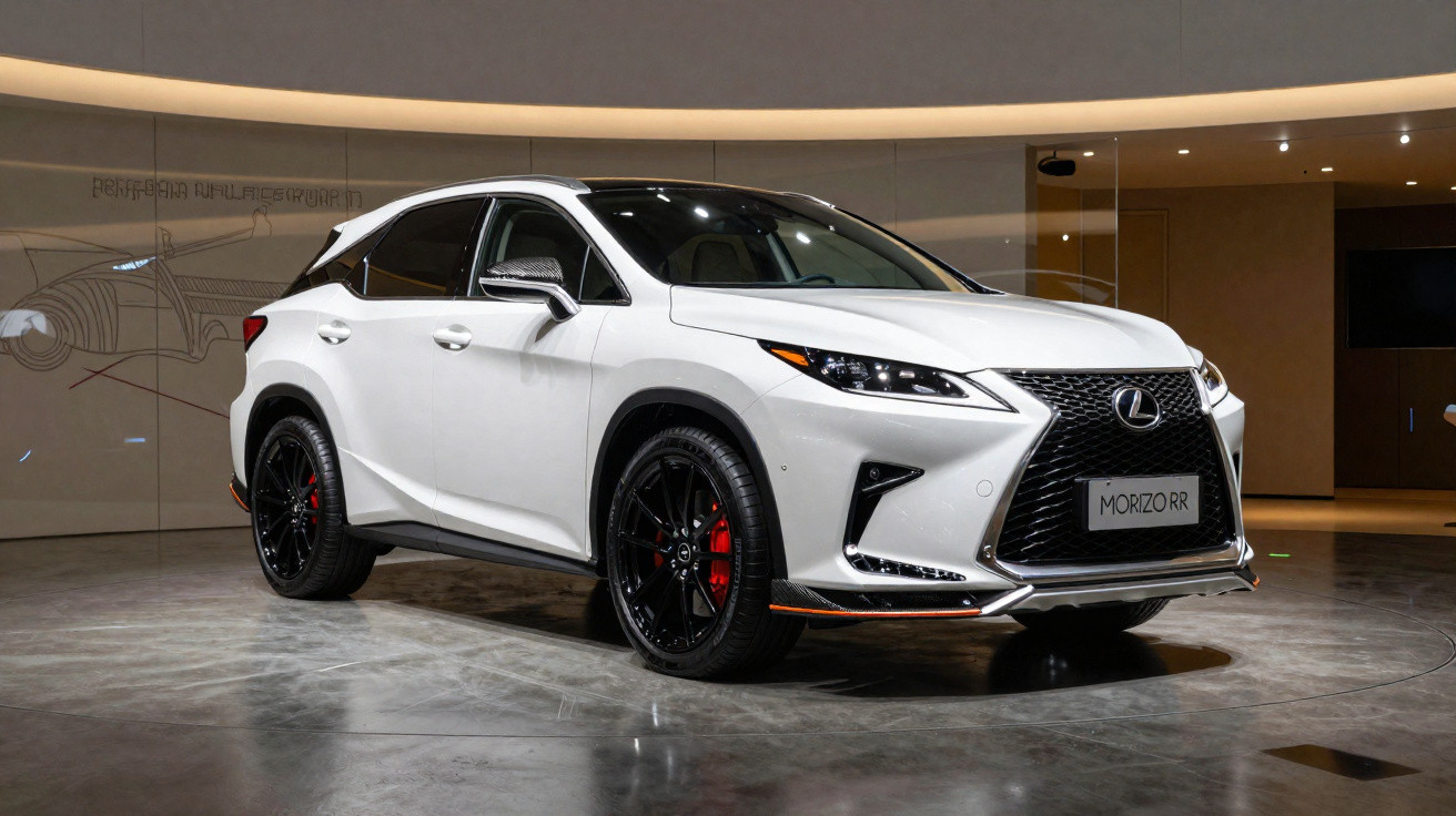 Weißer Lexus SUV mit schwarzem Dach und schwarzen Felgen, präsentiert in moderner, heller Ausstellungshalle.