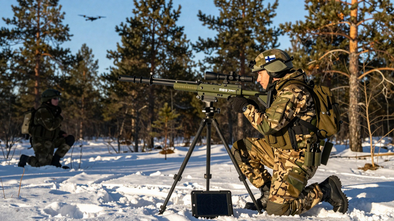 Zwei Soldaten in Tarnkleidung im Schnee, einer zielt mit einem schwerem Gewehr, Hubschrauber im Hintergrund.