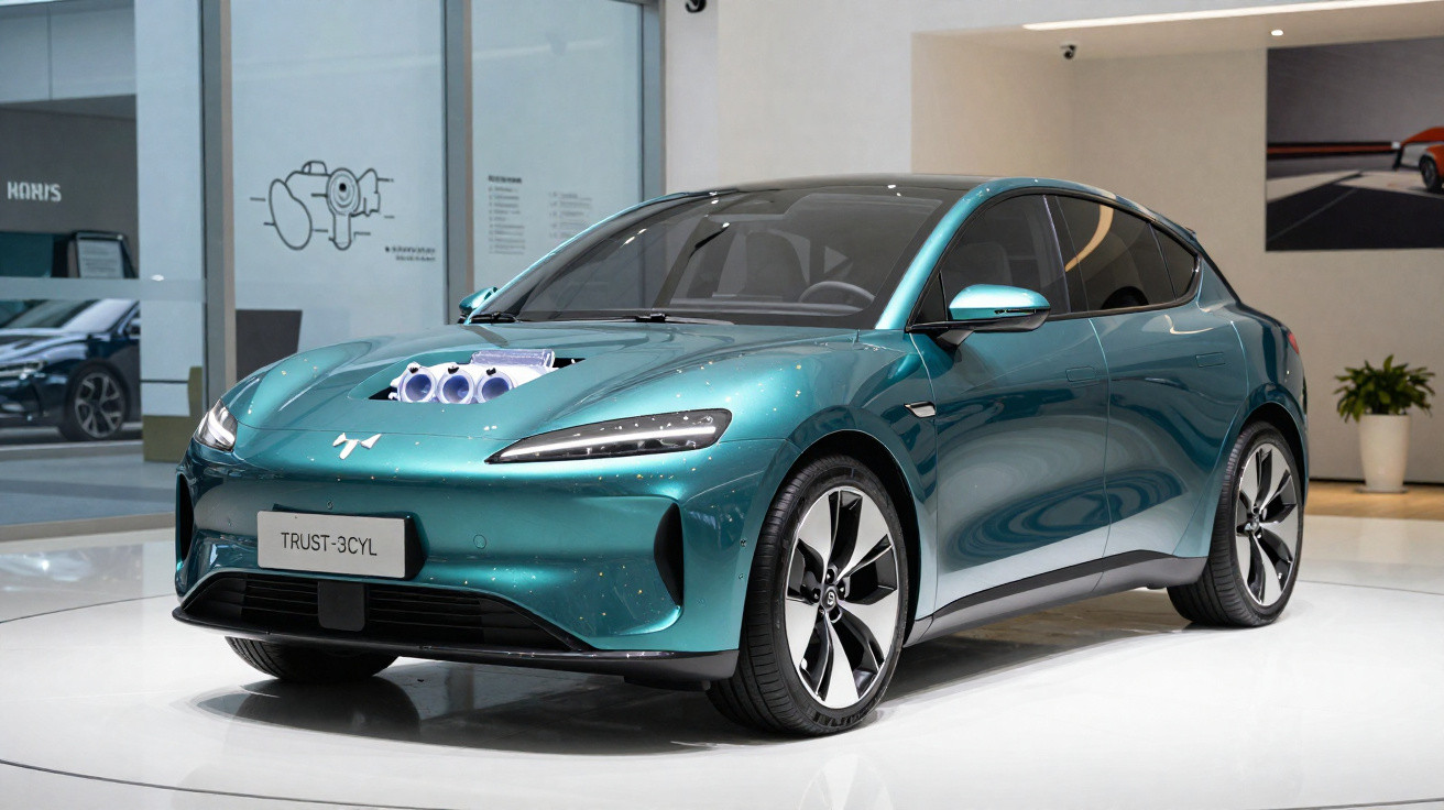 Blaugrünes futuristisches Konzeptauto mit eingebautem 3-Zylinder-Motor auf Messefläche in modernem Gebäude.
