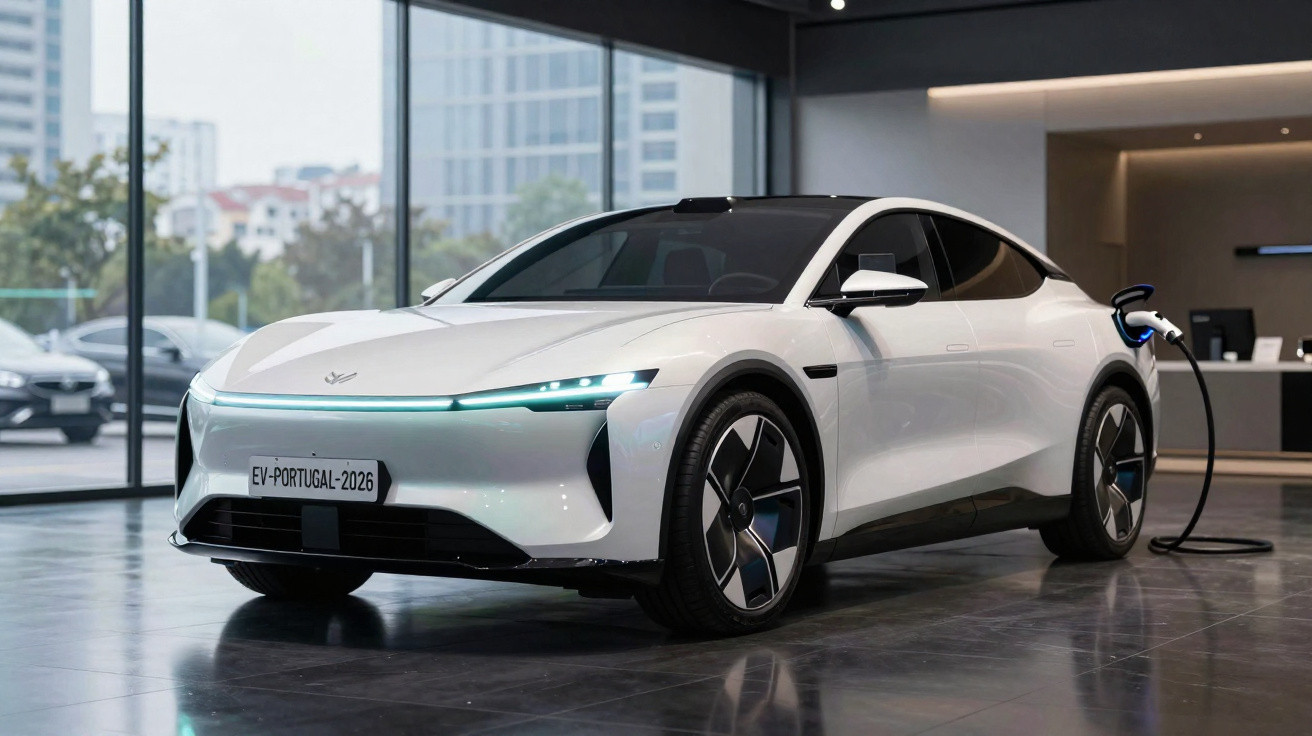 Weißes Elektroauto an Ladestation in modernem Showroom mit großen Fenstern und Stadtblick.