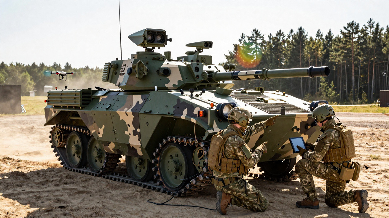 Zwei Soldaten in Tarnuniform neben bemanntem Schützenpanzer mit Drohne im militärischen Übungsgelände.
