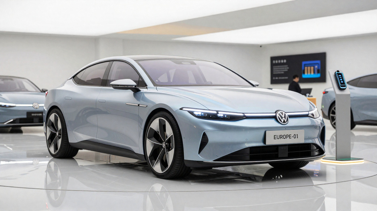 Silberner Volkswagen Elektroauto „EUROPE-01“ auf Präsentationsfläche mit Ladestation im Hintergrund.