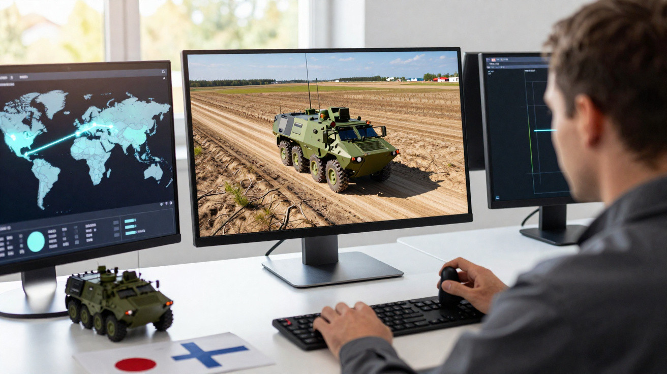 Person steuert ferngesteuertes gepanzertes Fahrzeug, mehrere Monitore, Weltkarte und Sandfeld sichtbar.
