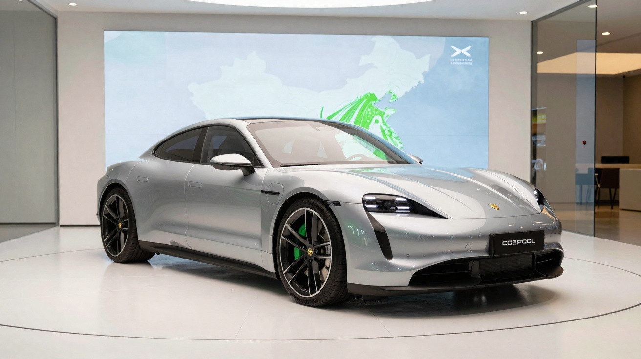 Silberner Porsche Taycan Elektro-Sportwagen in minimalistischer Ausstellungsumgebung auf Drehplatte.
