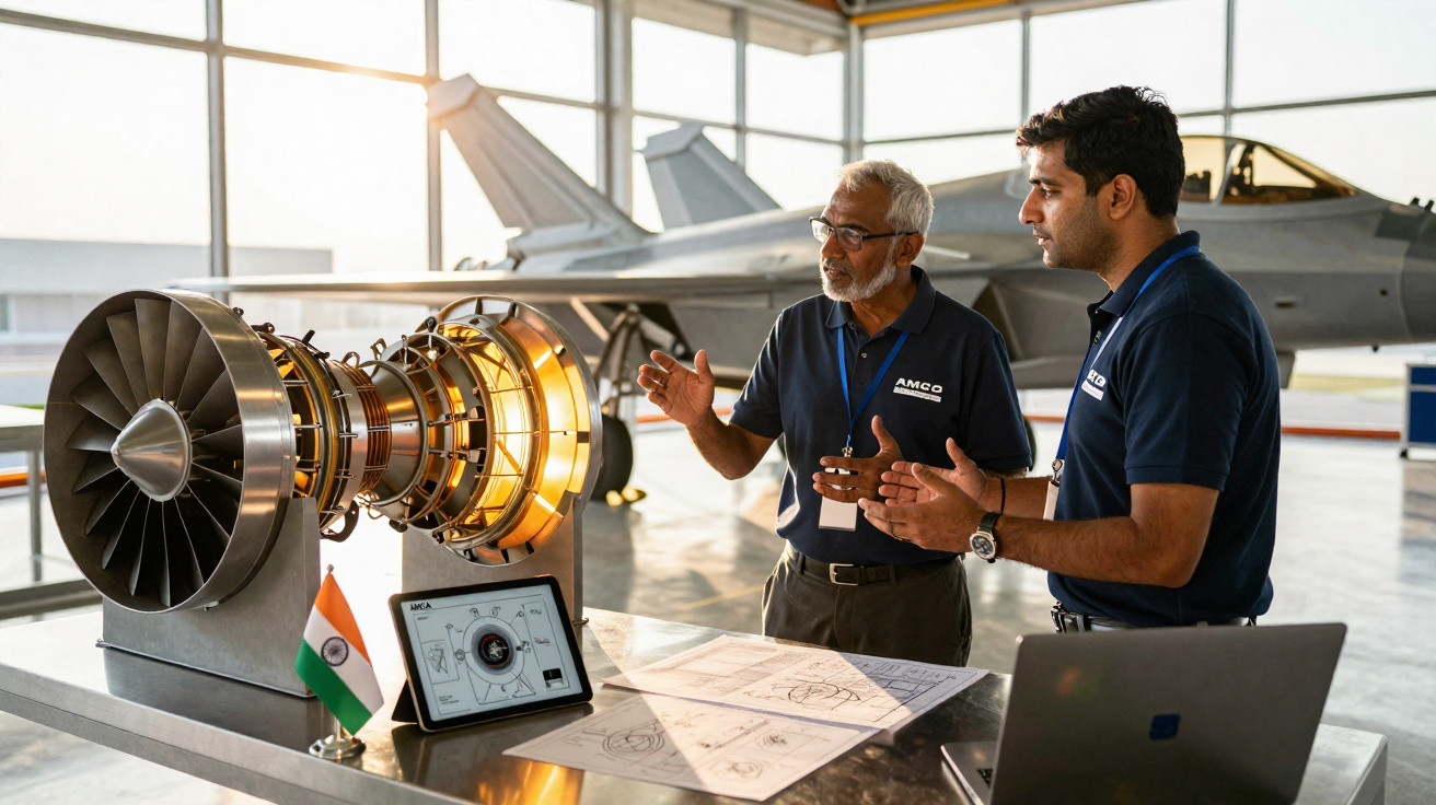 Zwei Männer besprechen ein Flugzeugtriebwerkmodell in einer Halle mit Kampfjet im Hintergrund.