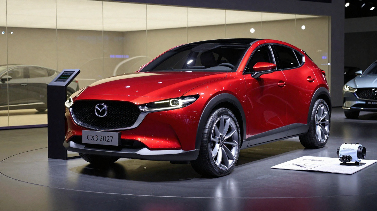 Roter Mazda CX-3 2027 SUV auf Ausstellungsfläche mit moderner Beleuchtung im Hintergrund.
