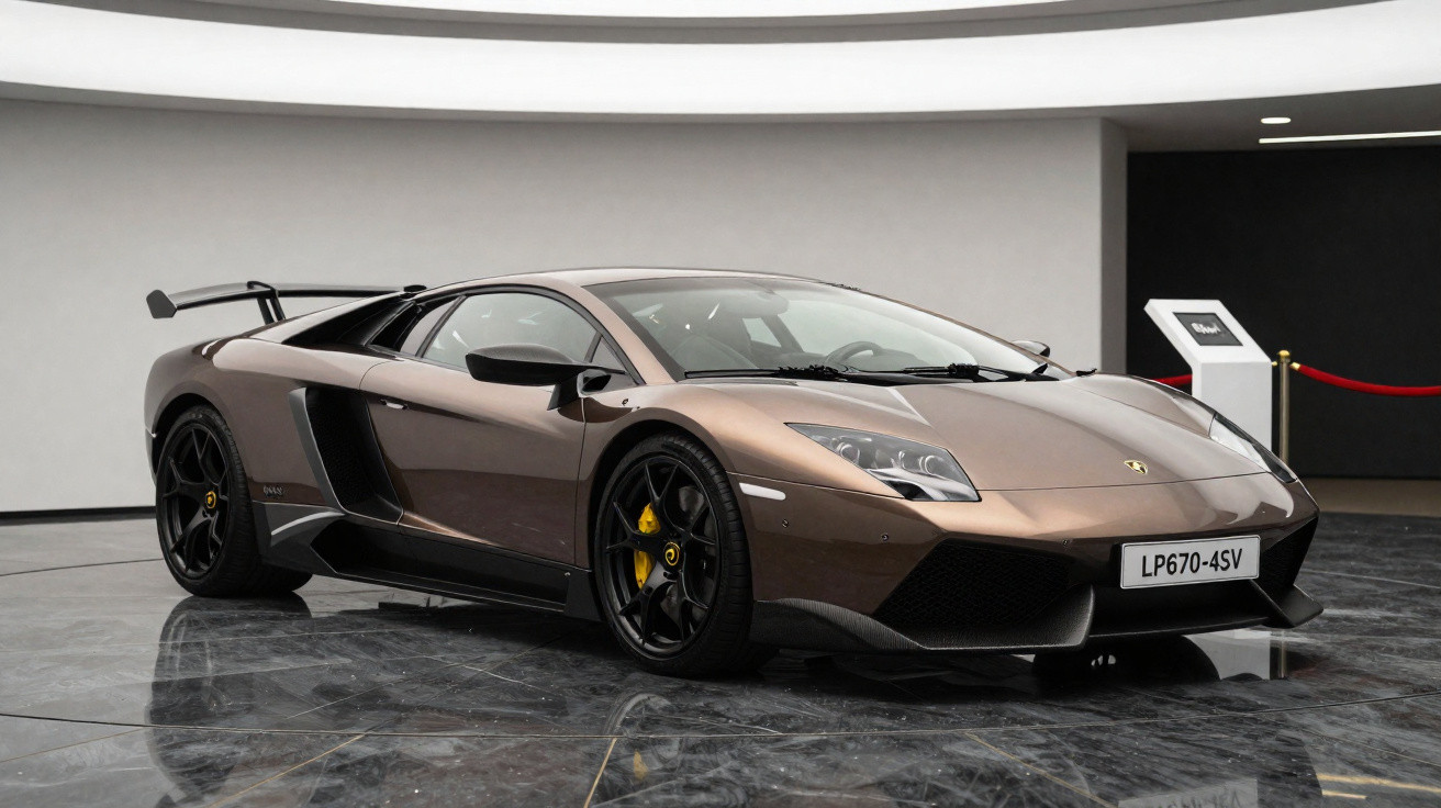 Brauner Lamborghini Murciélago LP670-4SV Sportwagen in moderner Ausstellungshalle mit schwarzem Boden.