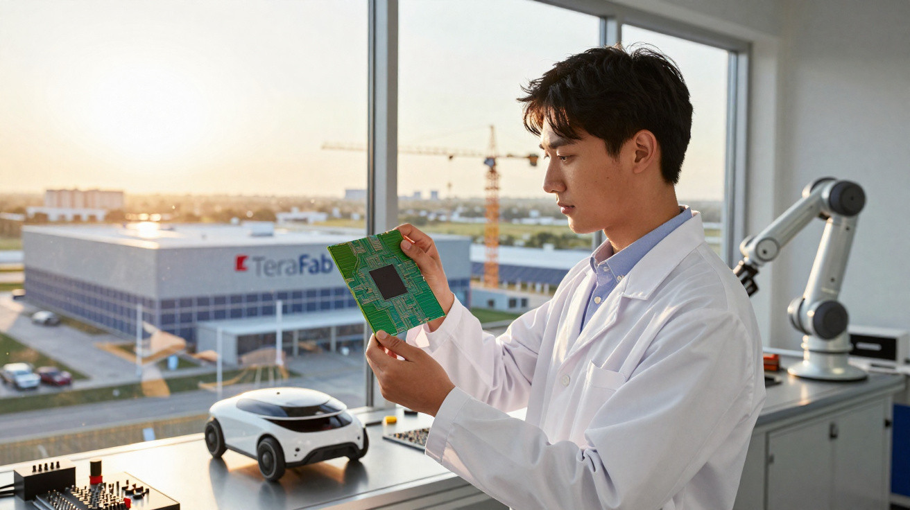 Ingenieur im weißen Kittel untersucht Mikrochip vor Fenster mit Blick auf Industriegebiet und Modellauto.