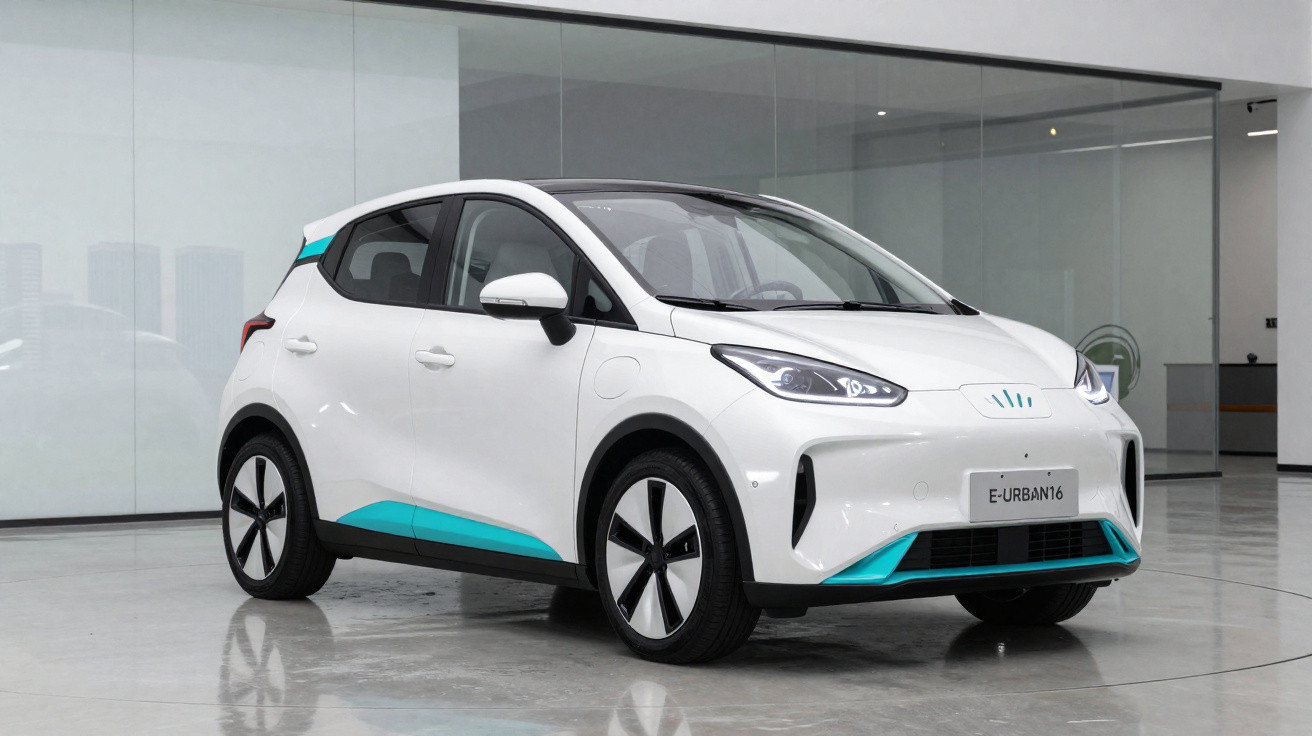 Weißes Elektroauto E-Urban16 mit blau-türkisfarbenen Akzenten in modernem Showroom.