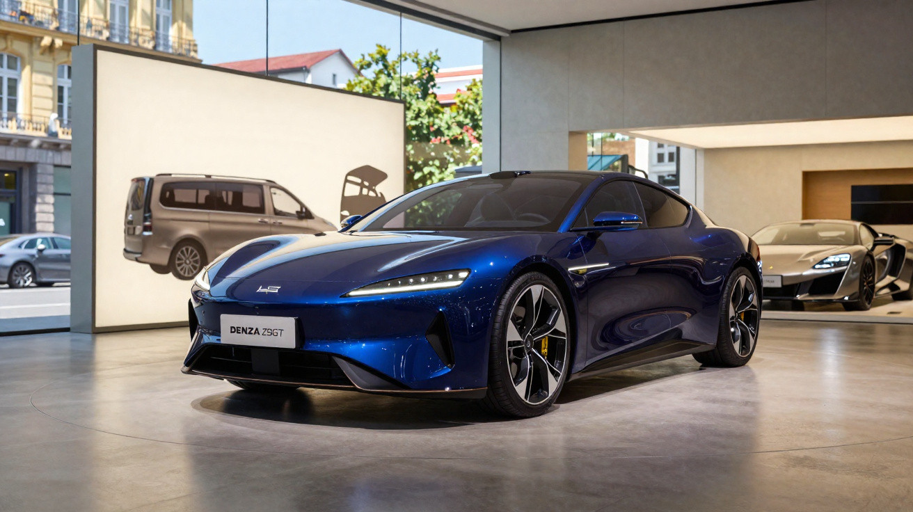 Blauer Elektro-Sportwagen Denza Z9GT in modernem Showroom mit großen Fenstern und weiteren Fahrzeugen im Hintergrund.