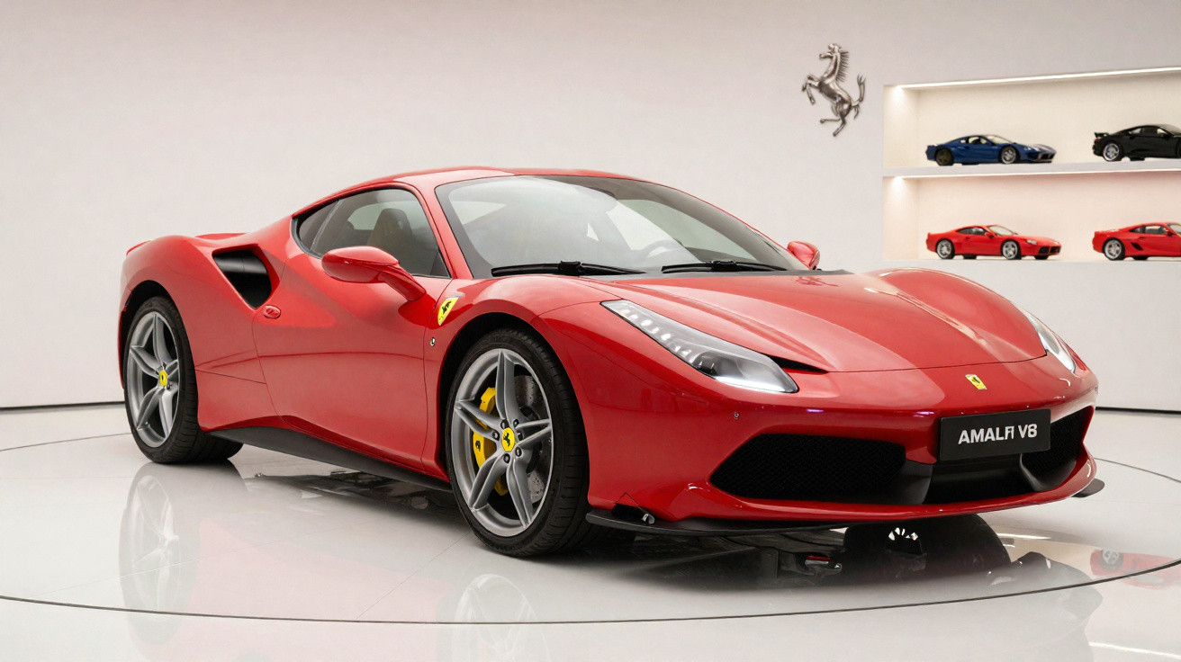 Roter Ferrari Sportwagen mit schwarzem Frontgrill und gelben Bremsen in hellem Ausstellungsraum.