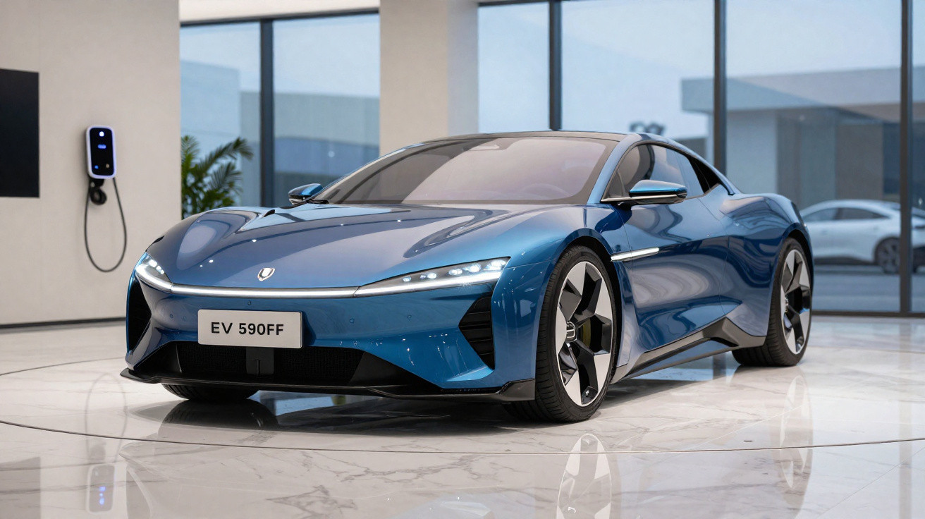 Blauer Elektro-Sportwagen mit Ladegerät an der Wand in modernem Innenraum mit Marmorboden.