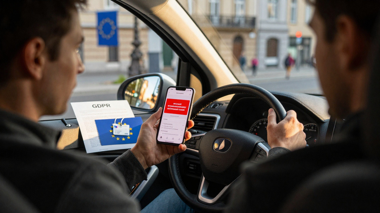 Zwei Männer im Auto, einer hält ein Smartphone mit rotem Warnbildschirm, im Hintergrund GDPR-Papier sichtbar.
