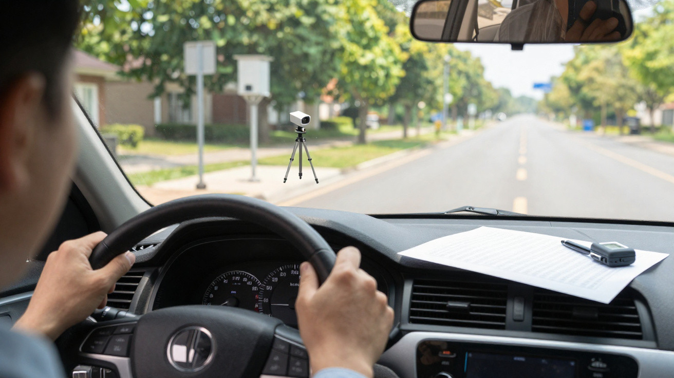 Blick aus dem Auto auf Fahrer und Tempomessgerät am Straßenrand in einer Vorstadtstraße.