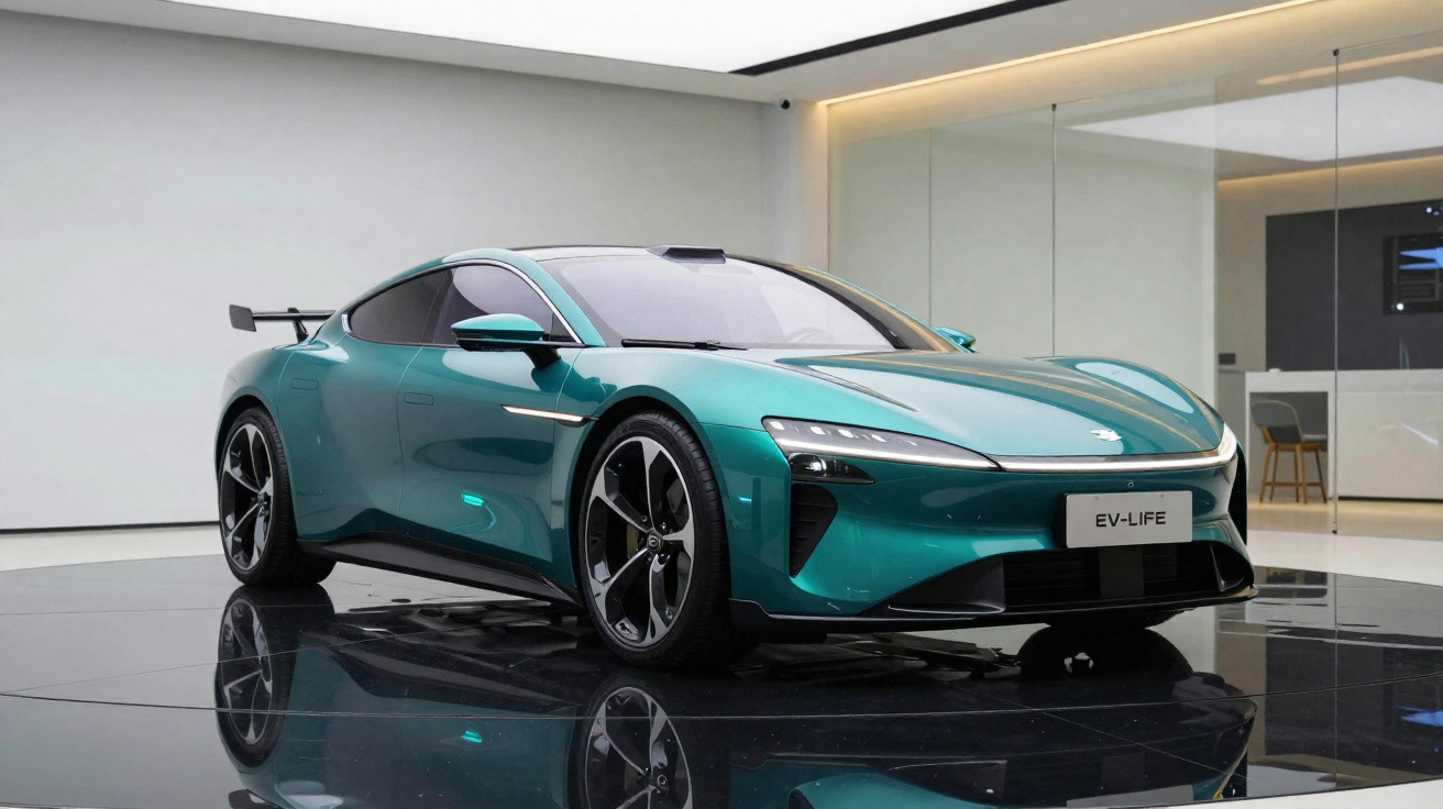 Grünes, sportliches Elektroauto EV-LIFE mit aerodynamischem Design und auffälligem Heckflügel in modernem Ausstellungsraum.