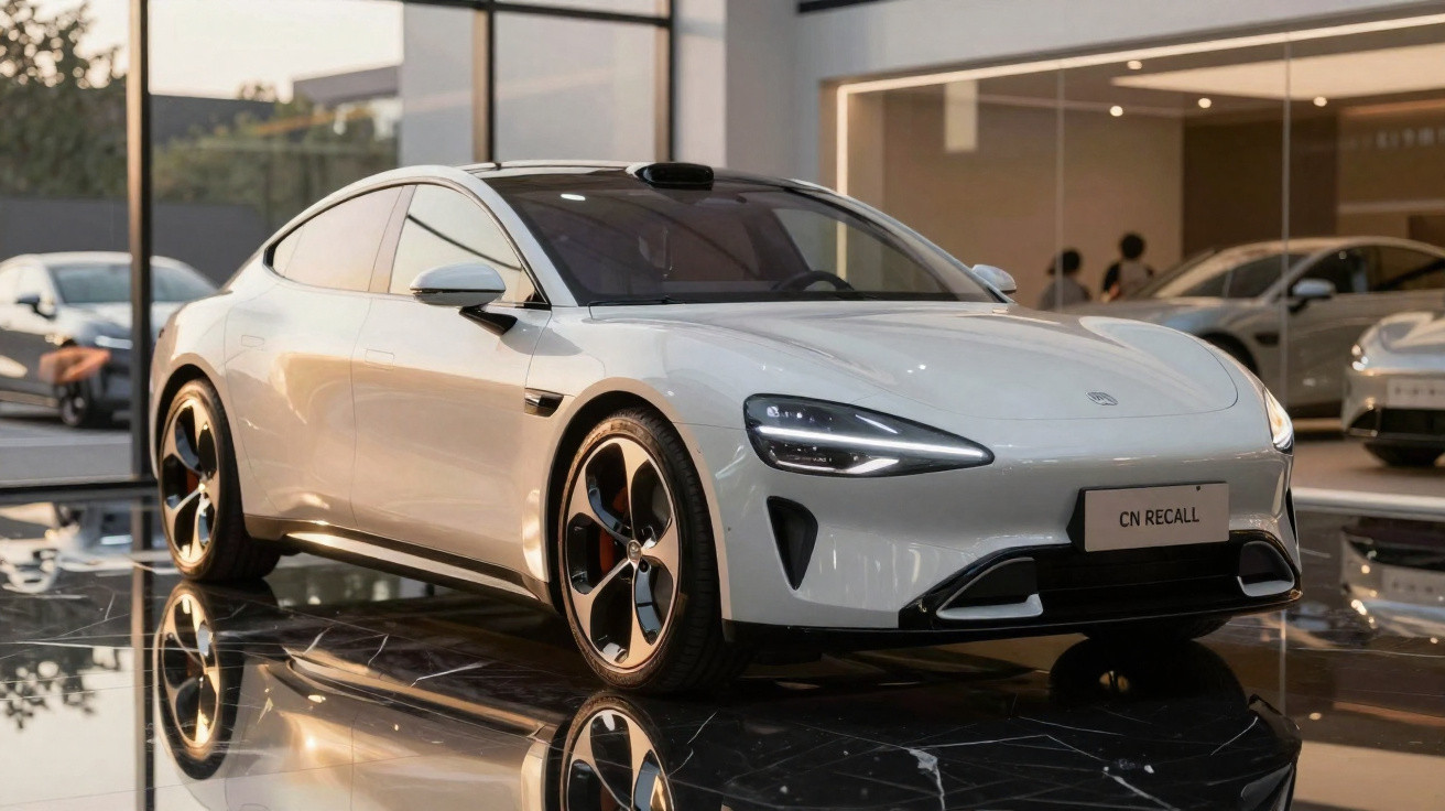 Weißes Elektroauto mit sportlichem Design auf glänzendem Boden in modernem Showroom.