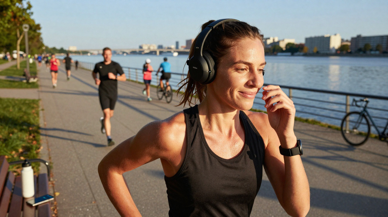 Frau joggt mit Kopfhörern und Smartwatch am Flussufer bei Sonnenschein, im Hintergrund weitere Sportler.