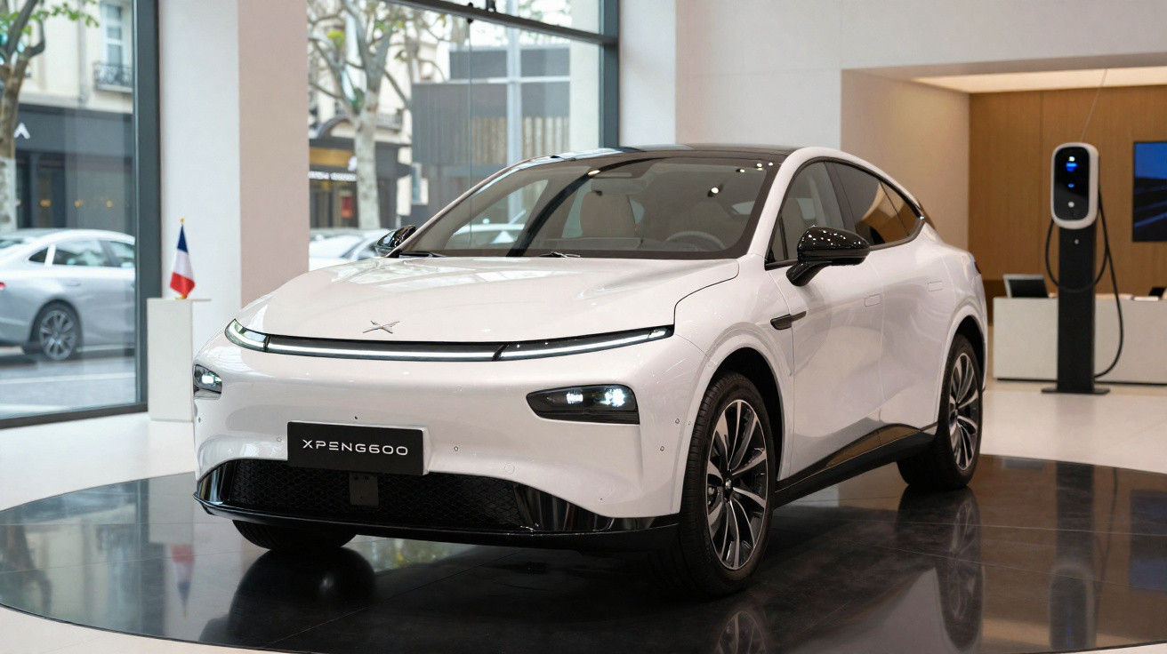 Weißes Elektroauto XPeng G600 in modernem Showroom mit Ladestation im Hintergrund.