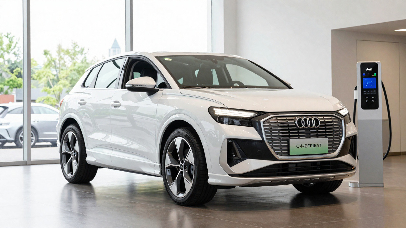 Weißes Audi Q4 e-tron Elektroauto im Showroom neben Ladestation stehend.