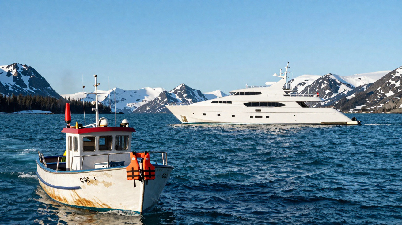 Kleine Fischerboot und große Yacht auf blauem Wasser vor schneebedeckten Bergen unter klarem Himmel.