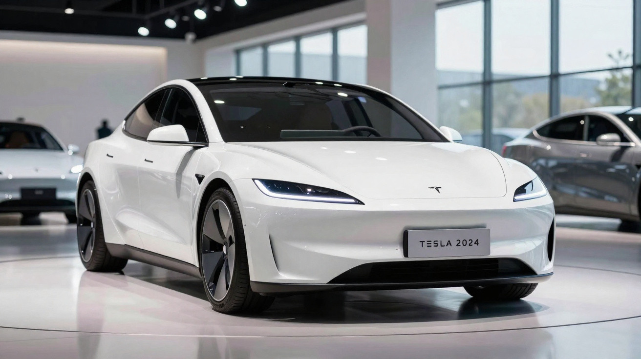 Weißes Tesla 2024 Modell in einem modernen Autohaus mit großen Fenstern und glänzendem Boden.