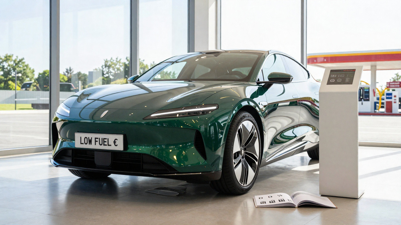 Grünes Elektroauto mit Nummernschild "LOW FUEL €" in hellem Showroom neben Info-Display und offener Broschüre.