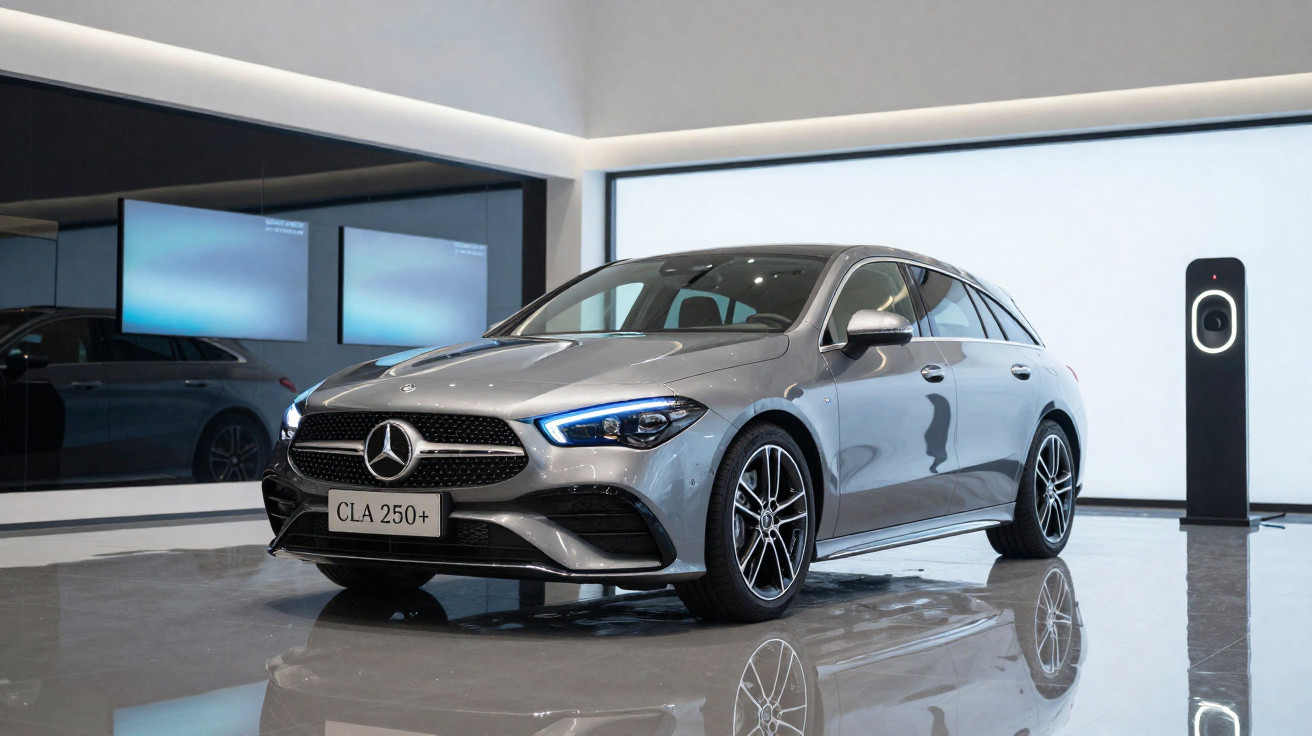 Silberner Mercedes CLA 250+ Kombi in modernem Ausstellungsraum mit reflektierendem Boden und LED-Beleuchtung.