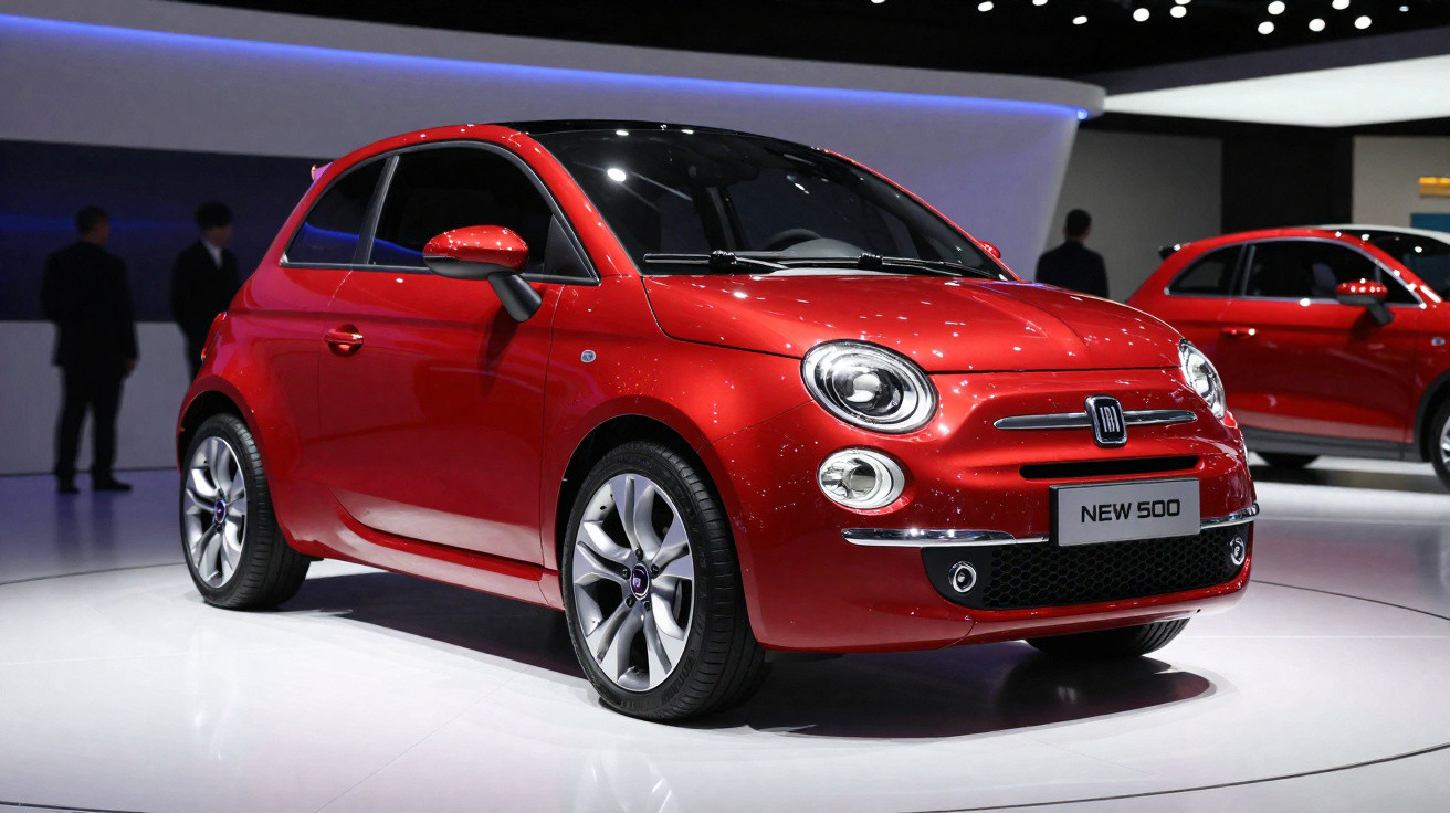 Roter Fiat New 500 Kleinwagen auf glänzend weißer Ausstellungsfläche mit futuristischer Beleuchtung.