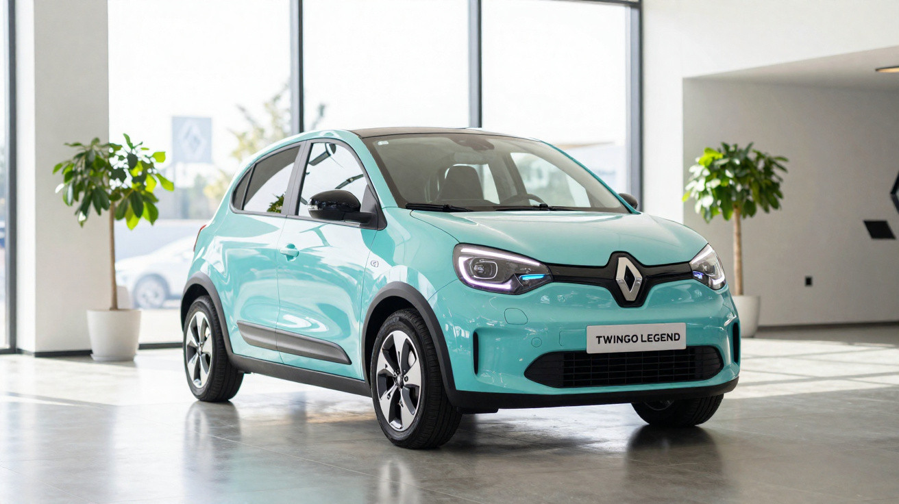 Türkisfarbener Renault Twingo Legend Kleinwagen in einem hellen Raum mit Fenstern und Pflanzen.