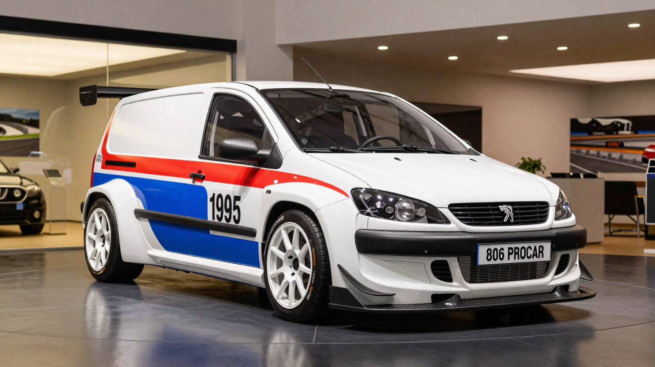 Weißer Peugeot 806 Procar Rennwagen von 1995 mit blau-roter Dekoration in einer Ausstellungshalle.