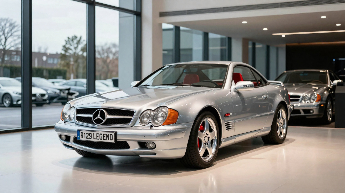 Silberner Mercedes-Benz SL R129 Sportwagen mit rotem Innenraum in einem modernen Showroom.