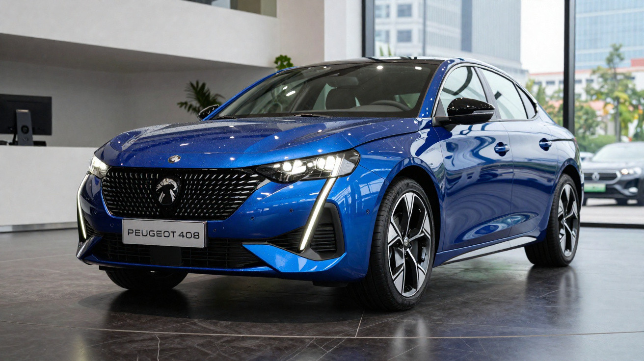 Blauer Peugeot 408 mit moderner Frontbeleuchtung in einem hellen Showroom, seitliche Ansicht.
