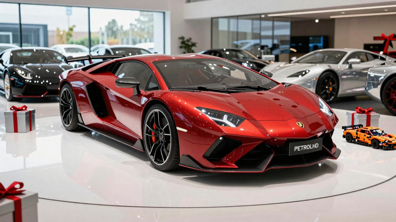 Roter Lamborghini Sportwagen in einem Showroom, umgeben von weiteren Luxusautos und Geschenken.