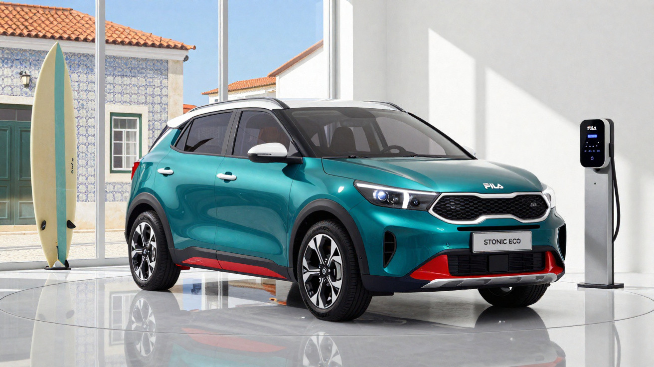 Türkisfarbener Kia Stonic Eco SUV neben einer Elektro-Ladestation in hellem Showroom mit Surfbrett im Hintergrund.