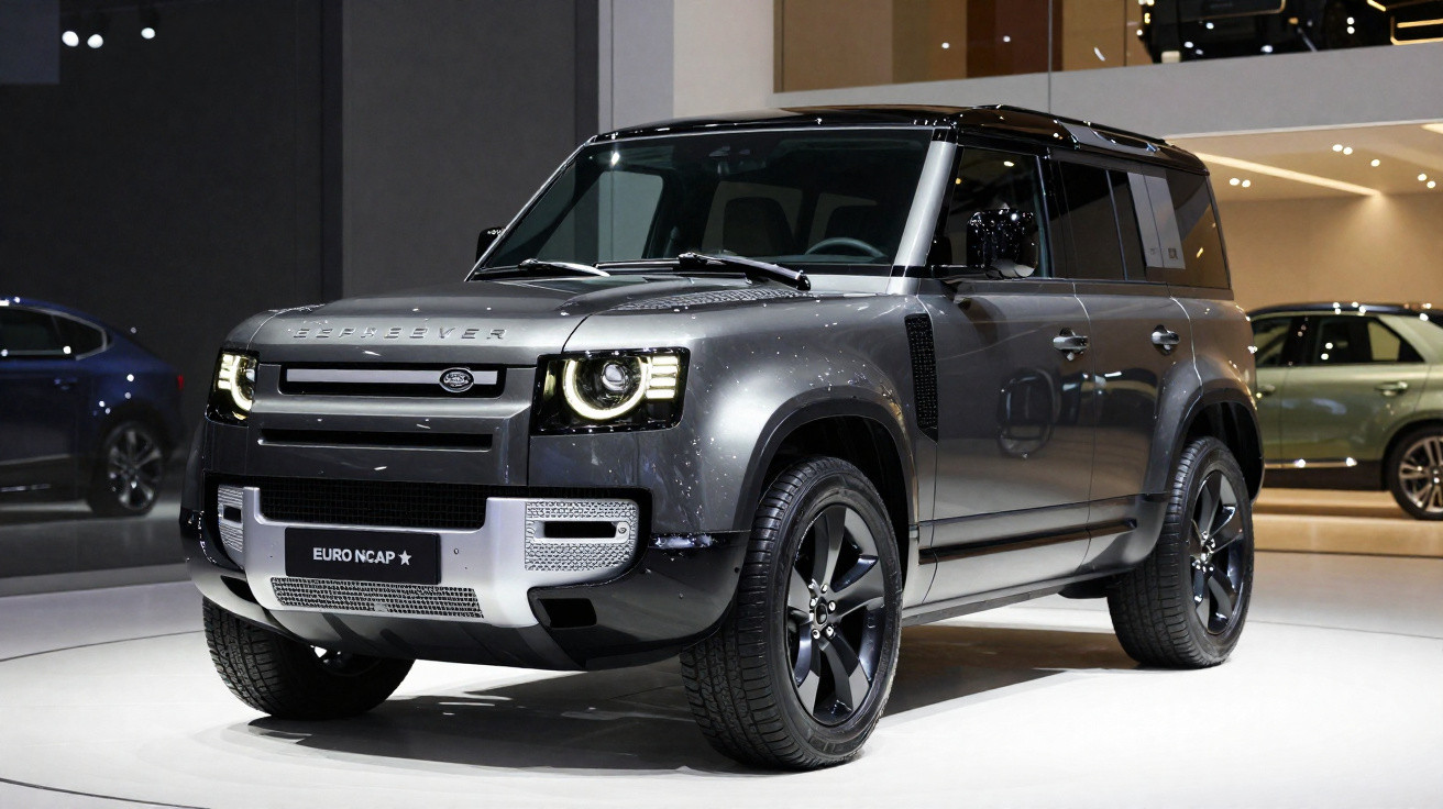 Grauer Land Rover Defender SUV steht beleuchtet in modernem Ausstellungsraum.