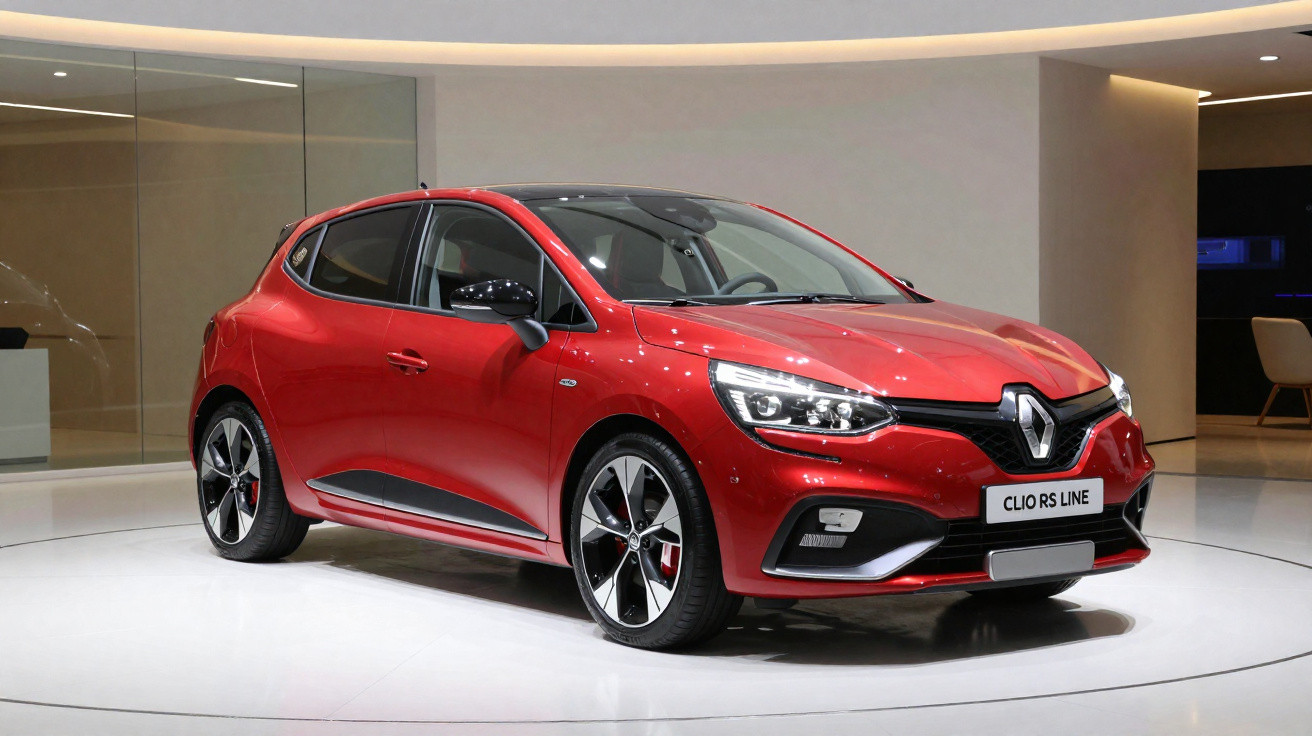 Roter Renault Clio RS Line auf einer weißen Ausstellungsfläche in modernem Innenraum.