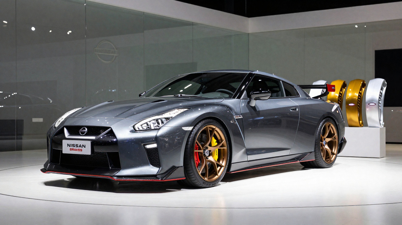 Grauer Nissan GT-R Sportwagen mit goldfarbenen Felgen steht in heller Ausstellungshalle.