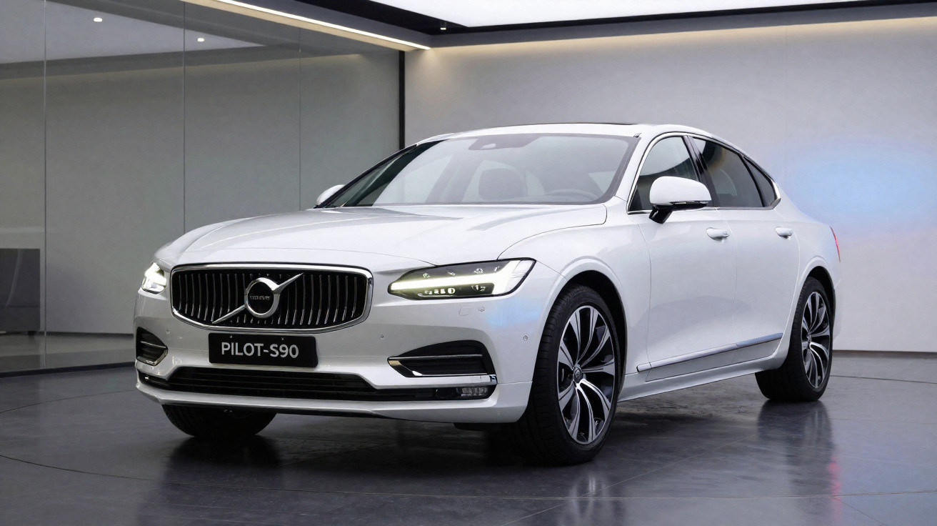 Weißer Volvo Pilot-S90 Limousine in einem modernen Ausstellungsraum bei gedämpftem Licht.