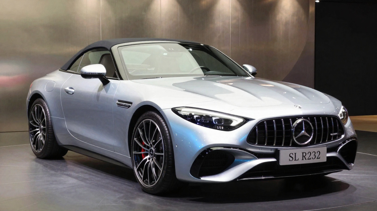 Silberner Mercedes-Benz SL R232 Cabrio im Ausstellungsraum mit schwarzem Verdeck und sportlichen Felgen.