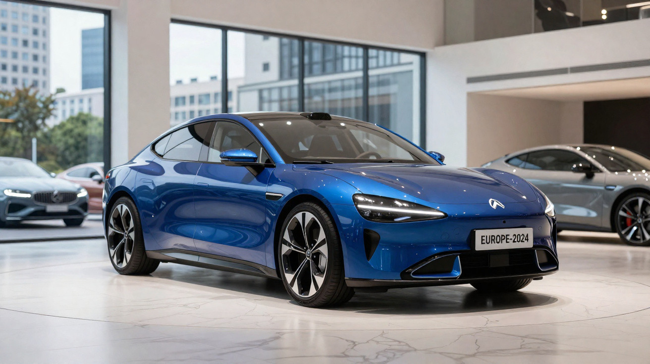 Blauer Elektro-Sportwagen steht in einem modernen Showroom mit großen Fenstern und weißen Böden.