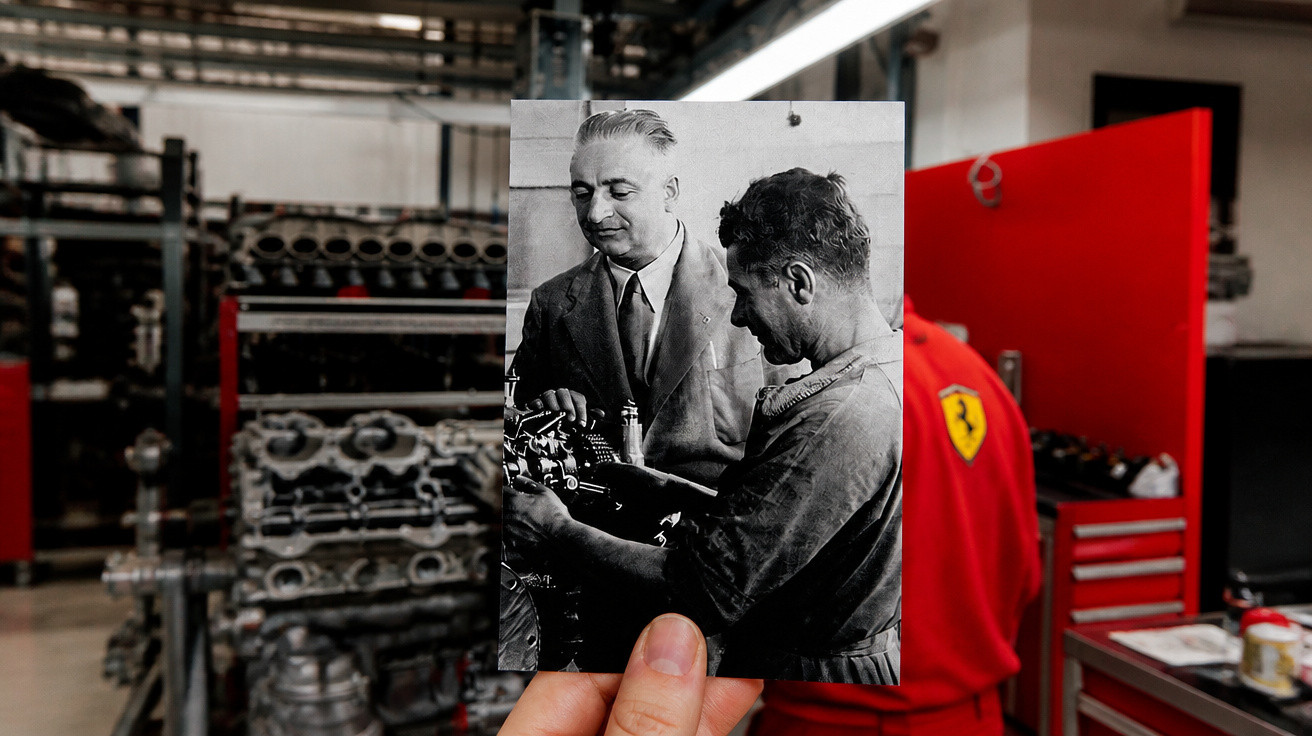 Person hält schwarz-weiß Foto von zwei Männern in Werkstatt, aktueller Hintergrund mit Ferrari-Logo sichtbar.