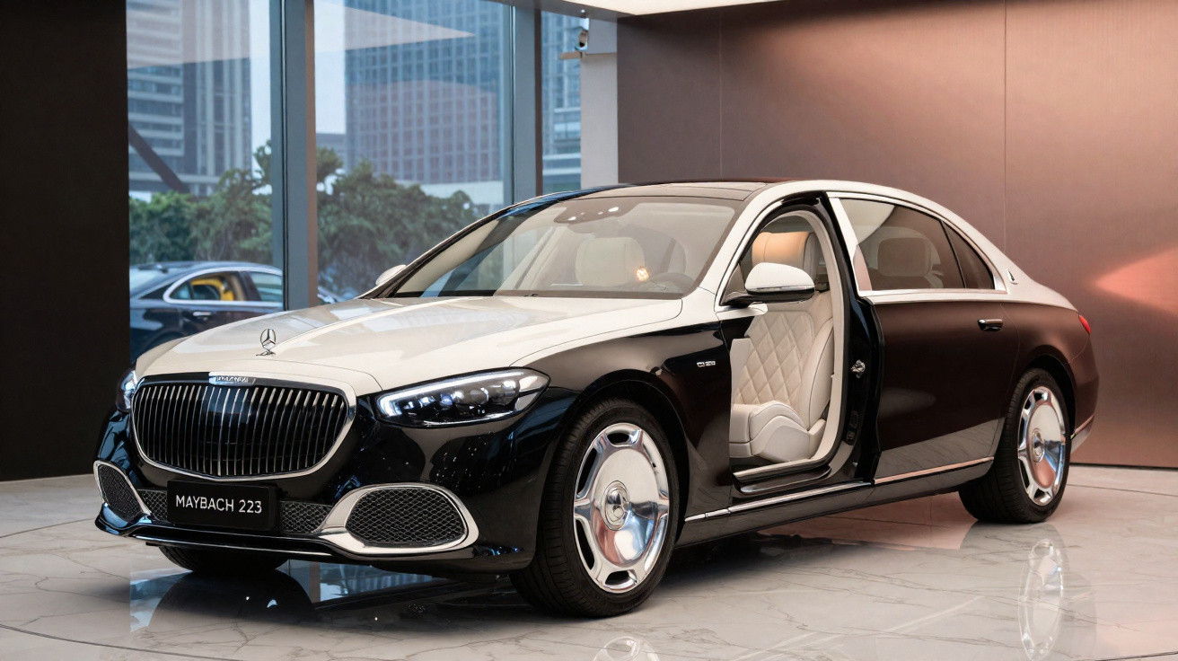 Schwarzer und weißer Maybach 223 mit geöffneter Beifahrertür in einem modernen Showroom.