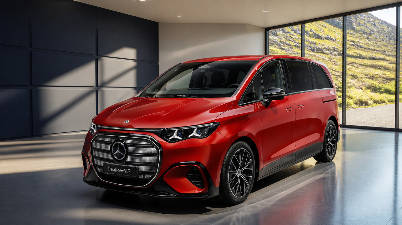 Roter Mercedes V-Klasse Elektro-Van in modernem Showroom mit großen Fenstern und Bergblick.