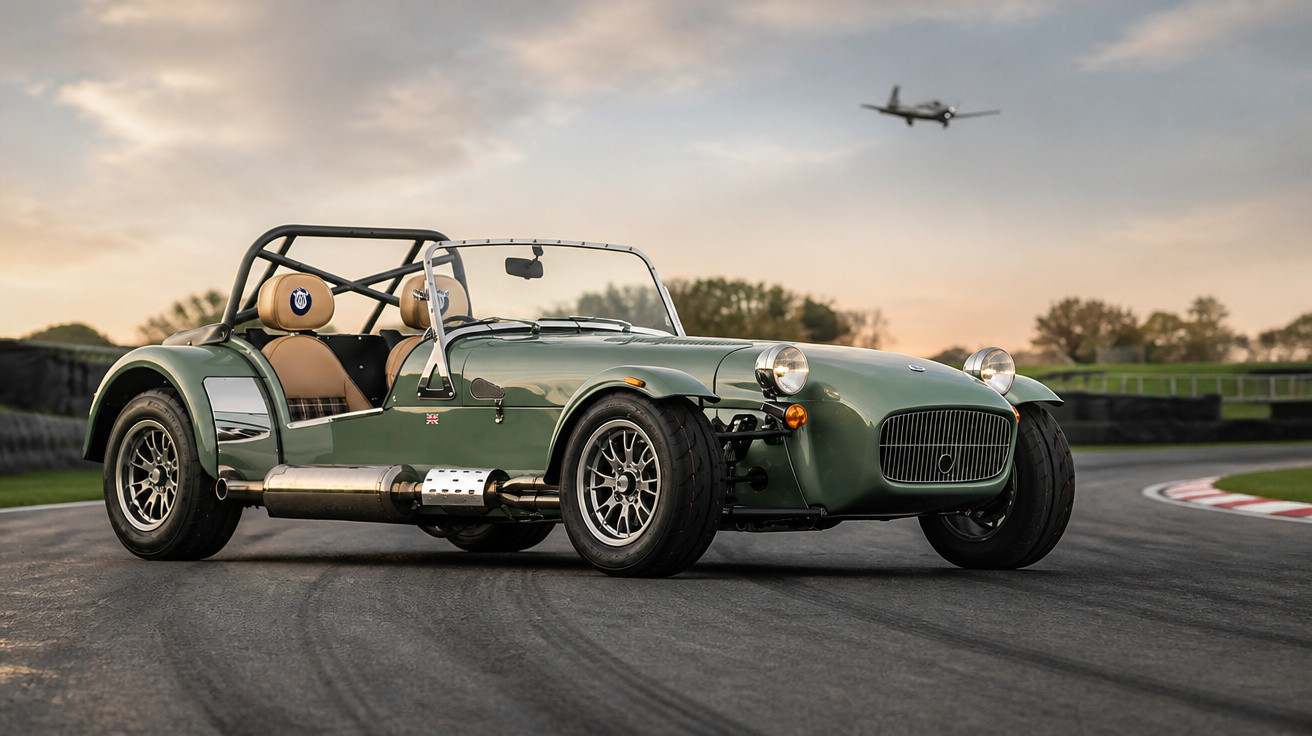 Grünes offenes Sportcabrio auf Rennstrecke bei Sonnenuntergang, Flugzeug fliegt im Hintergrund.