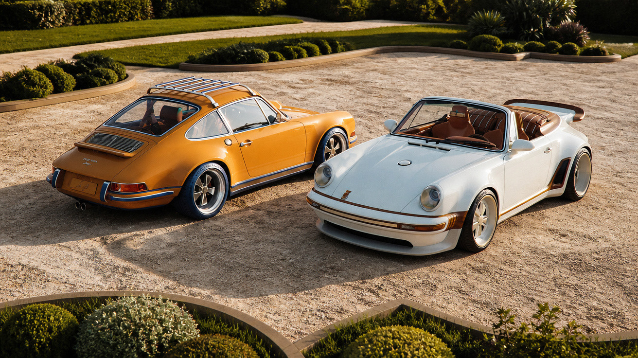 Zwei klassische Porsche 911 Modelle, einer orange mit Dachgepäckträger und ein weißer Cabrio im Garten auf Kiesfläche.