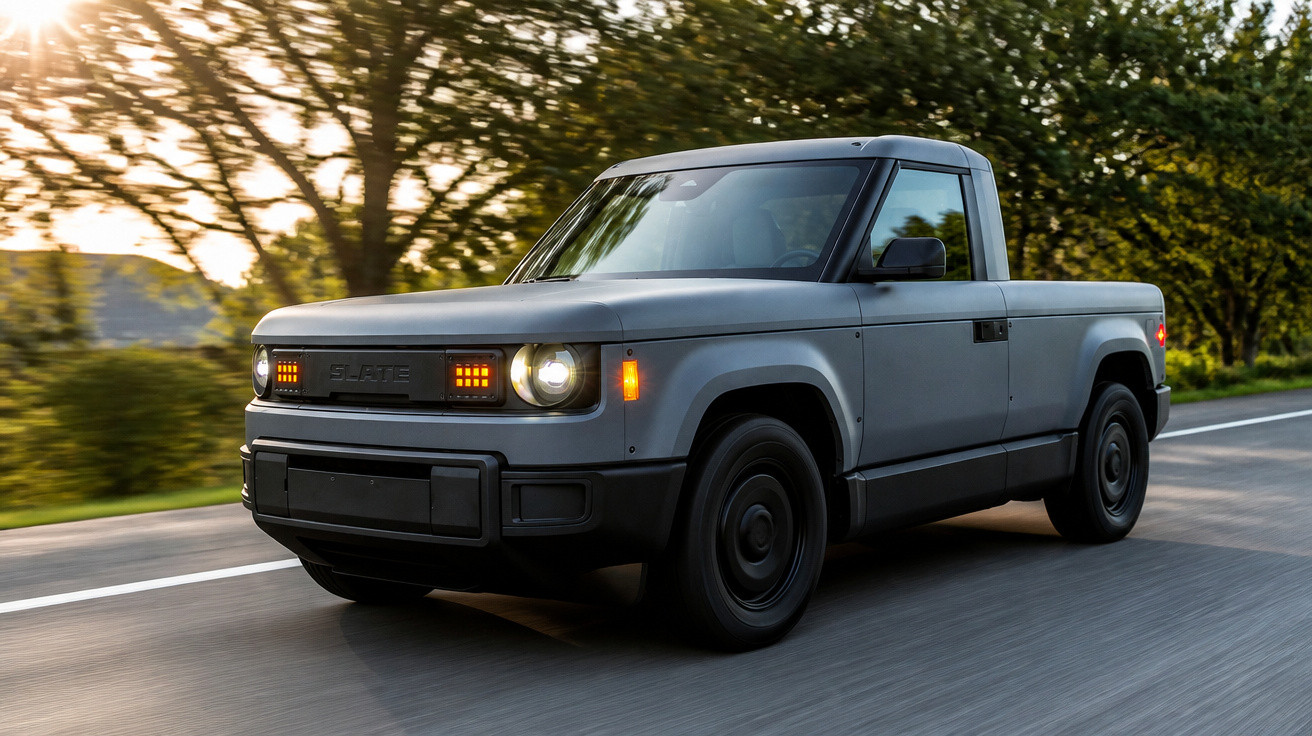 Grauer Elektro-Pickup fährt auf Landstraße bei Sonnenuntergang mit Bäumen im Hintergrund.