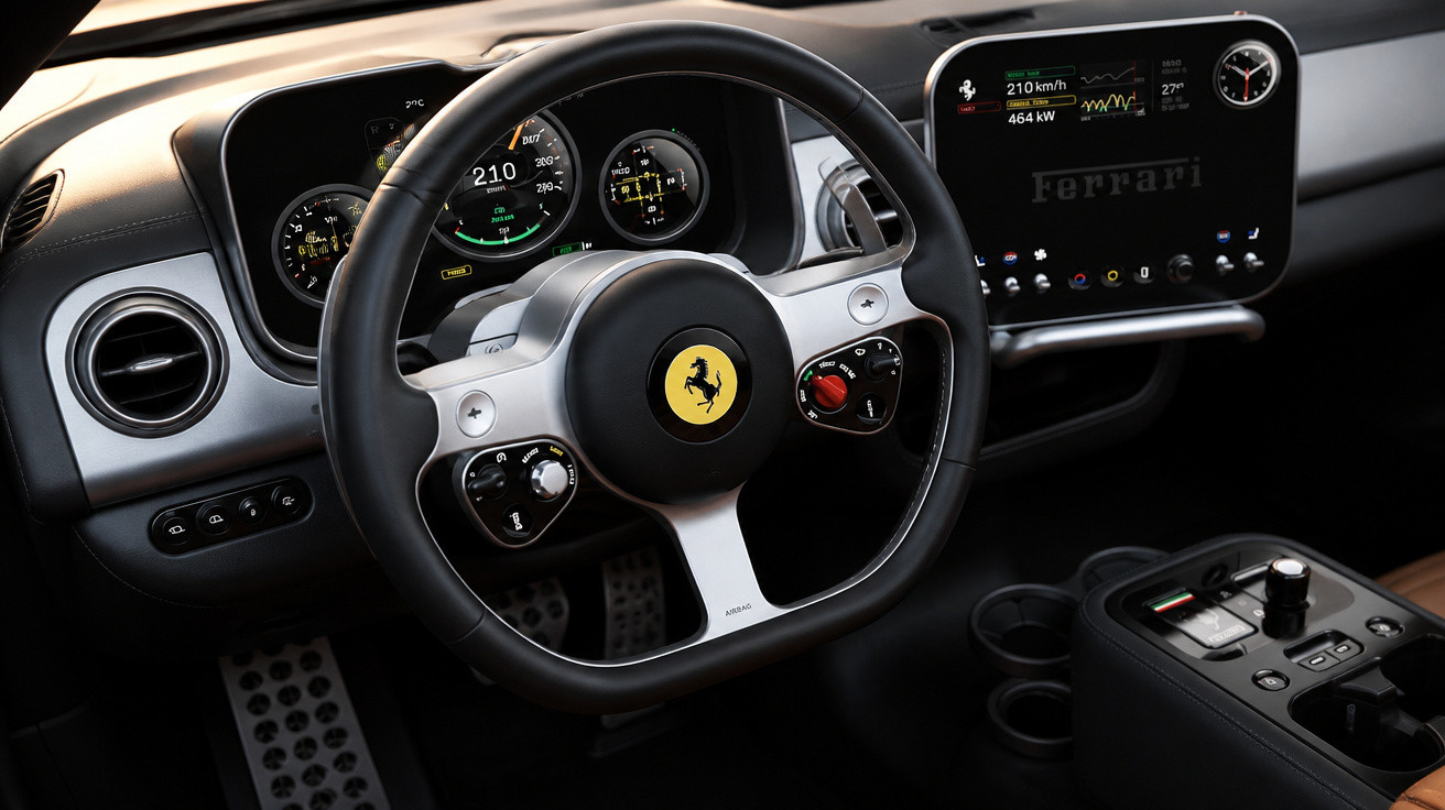 Cockpit mit Lenkrad und digitalen Anzeigen eines schwarzen Ferrari-Sportwagens.