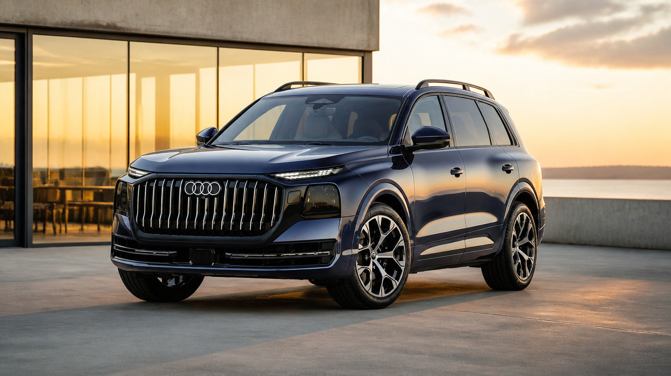 Dunkelblauer Audi SUV parkt vor modernem Gebäude bei Sonnenuntergang.